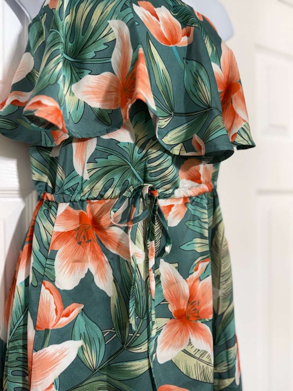 Tropical Floral Strapless Maxi Dress Green Orange Boho Beach Resort Size Sm EUC - Picture 4 of 8